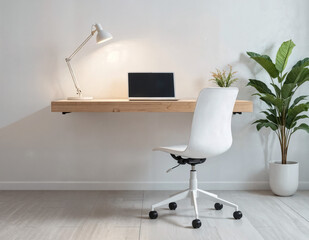 A minimalist workspace with a birch desk, sleek ergonomic white office chair, and wireless LED desk lamp creates a practical and trendy home office with clean, even lighting and a central location.