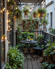 A small urban balcony transformed into a cozy retreat a compact bistro set hanging planters and fairy lights- Close-up on the details of the plants and lights- 2