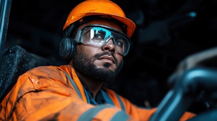 Focused Close-up of a Worker in Protective Gear