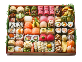 isometric view of sushi bento box isolated on transparent