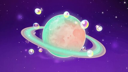 Fantasy Pastel Planet with Bubbles, Pastel fantasy planet with rings and floating bubbles in dreamy galaxy, Whimsical Galaxy Illustration,
Cute Outer Space for Kids - Powered by Adobe