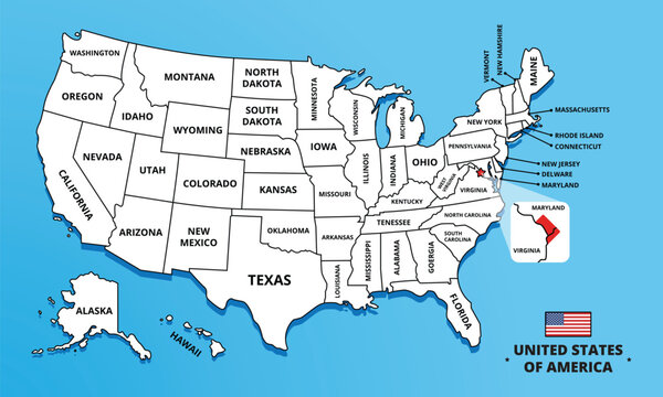 Capital Washington DC, USA. Highlighted map on Capital Washington DC. Editable blank vector map of USA