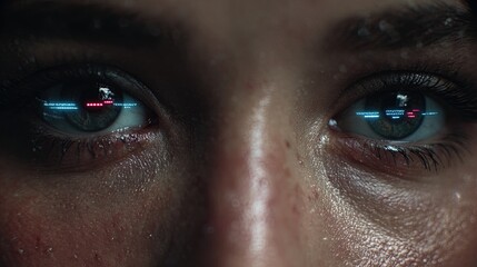 Close-up of eyes reflecting digital data, conveying a sense of futuristic technology and intense focus.