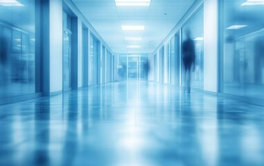 Obraz premium Long modern corridor with reflective floor and glass walls under bright ceiling lights with blurred human figures walking through