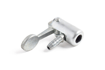 Close-up of a metal air chuck or tire inflator nozzle used for connecting air compressors to tire valves, isolated on white background.