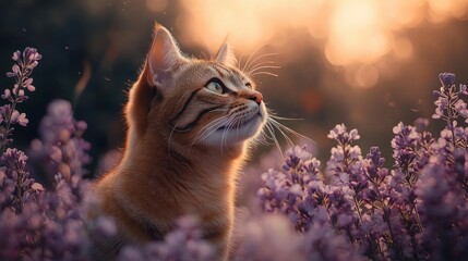 Orange tabby cat looking upwards surrounded by purple flowers with warm glowing sunset light in the background