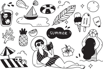 Summer Doodle Illustration Set, Beach Holiday Clipart, Vacation Elements Vector, Travel Icon Collection, Hand Drawn Style, Transparent Background