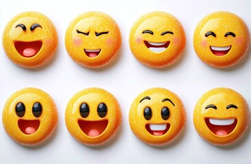 Fototapeta premium Eight round yellow emoji faces with various joyful and playful expressions arranged neatly in two rows on a white background