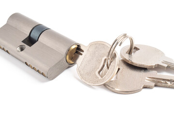 The cylinder of the lock with a pair of keys and isolated on the white background.
