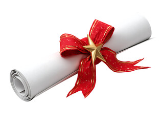 Handmade mini red ribbon and gold star decoration on a rolled-up diploma.