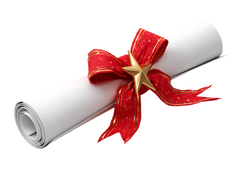Handmade mini red ribbon and gold star decoration on a rolled-up diploma.