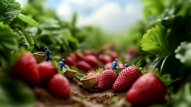 Small workers in blue uniforms gather ripe strawberries in a lush green field, with baskets ready for collection under a clear sky - Powered by Adobe