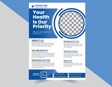 medical health care flyer design template blue color with round shape and printing reddy