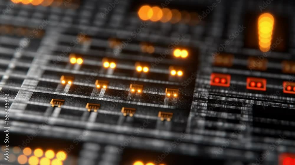 Poster abstract close-up of illuminated buttons on dark textured panel for technology and design concepts