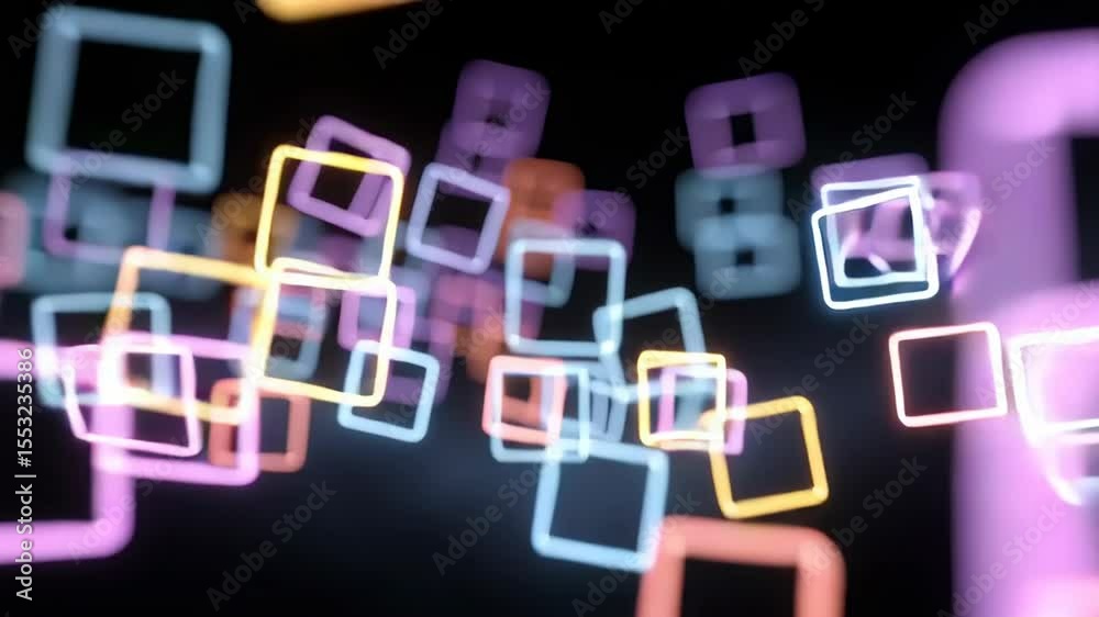 Poster colorful neon squares on dark background creating abstract pattern and texture for design projects
