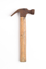 Old rusty hammer isolated on a white background. Top view