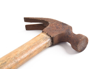 Old rusty hammer isolated on a white background. Close up