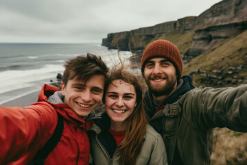 Smiling Friends Taking Selfie on Windswept Cliffside
