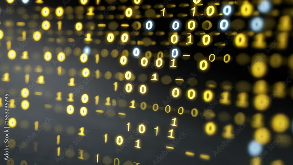 Poster glowing binary code with bright yellow and blue digits on dark background for digital themes