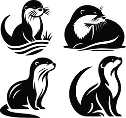 A collection of four stylized otter illustrations in black and white
