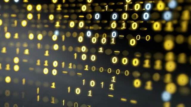 Glowing Binary Code with Bright Yellow and Blue Digits on Dark Background for Digital Themes