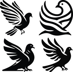Four stylized black and white dove illustrations in different poses