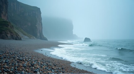 Foggy cliffs along a rocky shoreline.