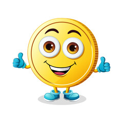 Funny and happy gold coin, cartoon character mascot with eyes and smile. Very emotional and successful coin, say okay with hand