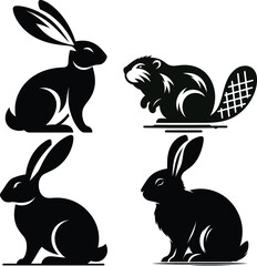 Silhouette illustrations of rabbits and a beaver, showcasing distinct poses and styles