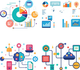 Vector art of colorful charts and diagrams illustrate data analysis and business processes