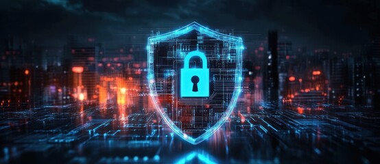 Glowing digital shield with a padlock symbol representing cybersecurity and data protection over a futuristic cityscape with network connections and neon lights