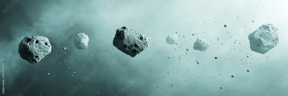 Poster large asteroids and small meteorites flying in formation through a vibrant nebula create a breathtak