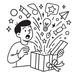 Surprised boy opening gift box with colorful elements and ideas bursting out, expressing joy