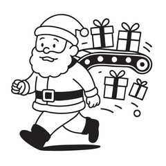 Santa Claus carries gifts on conveyor belt, spreading holiday cheer and joy