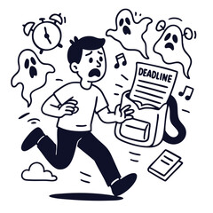 Anxious student runs from deadline ghosts, feeling overwhelmed by time pressure and tasks