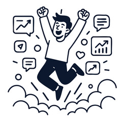 Happy person jumping with excitement, celebrating success and growth in creative illustration