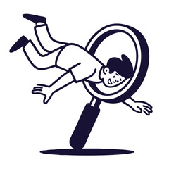 Cartoon character exploring with magnifying glass, showcasing curiosity and excitement