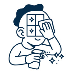 Cleaning window with spray cartoon character cheerful expression household chores cleaning