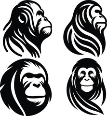 Four stylized Orangutan head illustrations in black and white