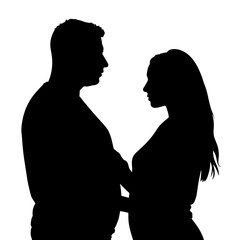 Silhouette of couple facing each other on white background, relationship emotions