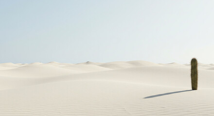 A serene landscape featuring a single cactus standing tall in a vast expanse of white sand dunes under a clear sky