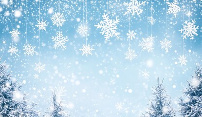 Winter scene with snowflakes and snow-covered trees.