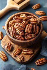 Close-up of pecan nuts in a wooden bowl on a wooden board with scattered pecans around, showcasing natural textures and warm earthy tones