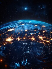 Obraz premium View of Earth at night from space showing illuminated cities connected by glowing network lines under a starry sky