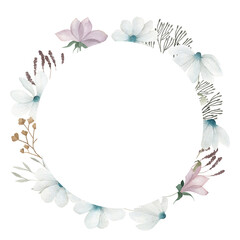 Watercolor wedding  wreath with flowers. Hand drawn floral isolated illustration on white background.