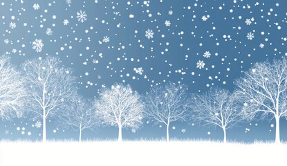 Winter scene with falling snow and bare trees.