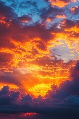 Dramatic sunset with vibrant orange and blue hues illuminating the sky filled with layered clouds, creating a breathtaking and peaceful atmosphere