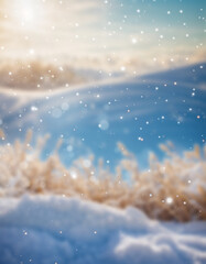 Naklejka premium A snowy forest at sunset with pine trees, golden sunlight, and falling snowflakes, creating a dreamy and tranquil winter wonderland scene.