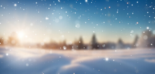 A scenic snowy field with pine trees in the background, bright sunlight, and falling snowflakes, creating a peaceful and magical winter wonderland.