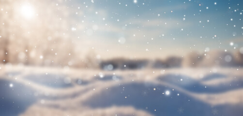 A scenic snowy field with pine trees in the background, bright sunlight, and falling snowflakes, creating a peaceful and magical winter wonderland.